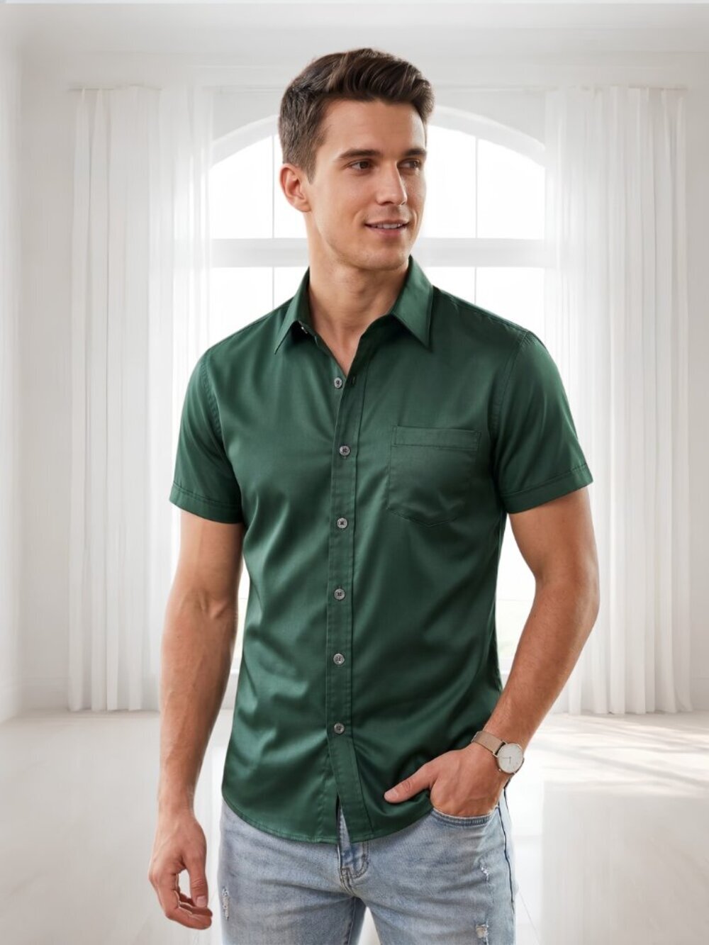 NWT Zeroyaa Men's Emerald Green Slim Fit Short Sleeve Dress Shirt Size S